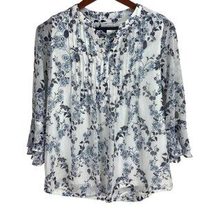 Charter Club XS White Floral Blouse With Ruffle Sleeves &amp; Pleated Front